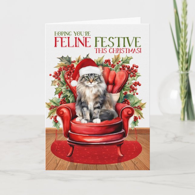 Norwegian Forest Christmas Cat FELINE Festive Holiday Card (Front)