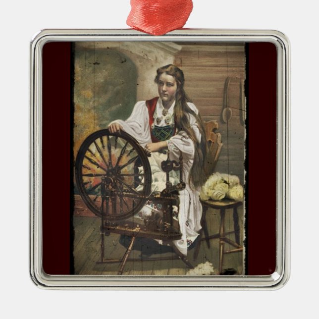 Norwegian Girl at a Spinning Wheel Metal Tree Decoration (Front)