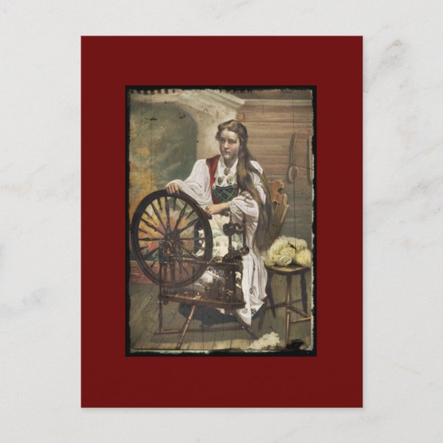 Norwegian Girl at a Spinning Wheel Postcard (Front)