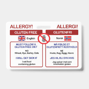 NORWEGIAN Gluten Free Travel Card   Allergy BDGE ID Badge