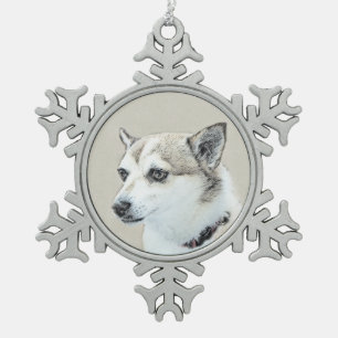 Norwegian Lundehund Painting - Original Dog Art Snowflake Pewter Christmas Ornament