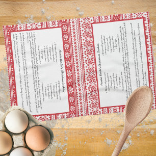 Norwegian Red White Stripe Winter Family Recipe Tea Towel