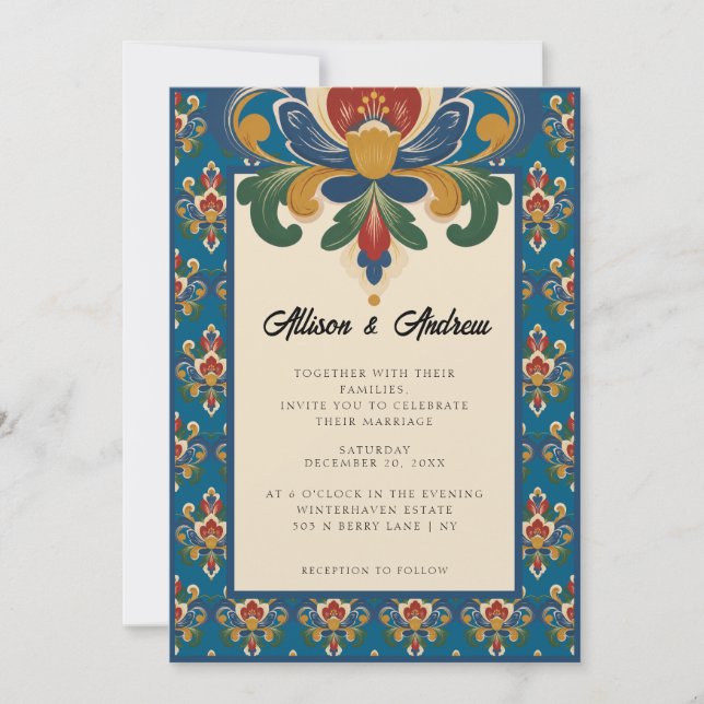 Norwegian Rosemaling | Blue Wedding Invitation (Front)
