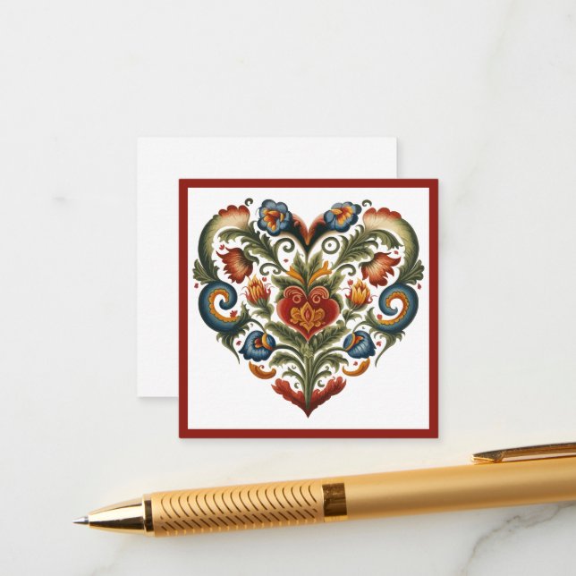 Norwegian Rosemaling Folk Art Heart  Enclosure Card (Front/Back In Situ)