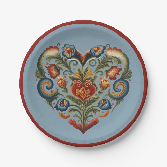 Norwegian Rosemaling Folk Art Heart Paper Plate (Front)