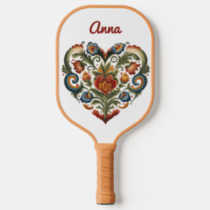 Norwegian Rosemaling Folk Art Heart Personalised Pickleball Paddle