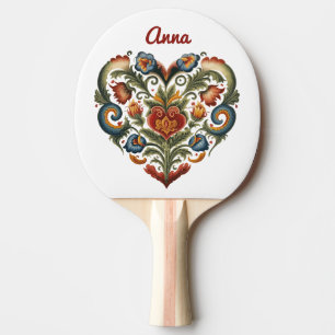 Norwegian Rosemaling Folk Art Heart Personalised Ping Pong Paddle