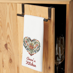 Norwegian Rosemaling Folk Art Heart Personalised Tea Towel