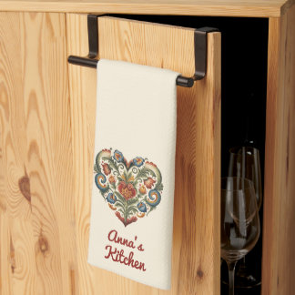 Norwegian Rosemaling Folk Art Heart Personalised Tea Towel