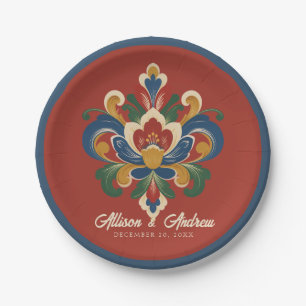 Norwegian Rosemaling Red Wedding  Paper Plate