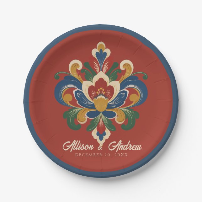 Norwegian Rosemaling Red Wedding  Paper Plate (Front)