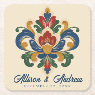 Norwegian Rosemaling Wedding  Square Paper Coaster
