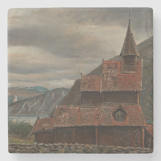 Norwegian Stave Church (by Knud Baade) Stone Coaster (Front)
