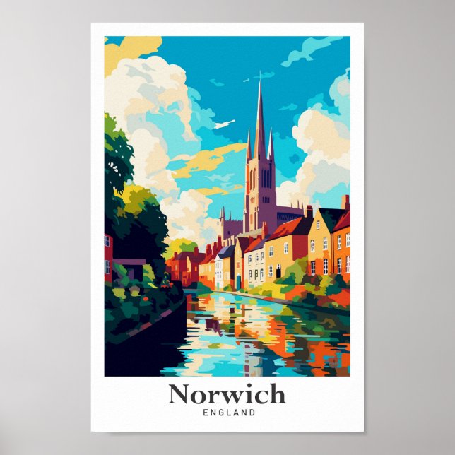 Norwich England Art Vintage Travel Illustration Poster (Front)