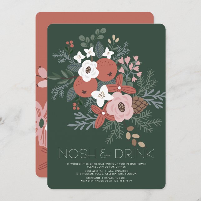 Nosh & Drink Christmas Foliage Dinner Holiday Card (Front/Back)