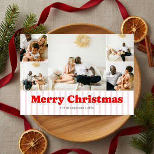 Nostalgia Retro Christmas Red Striped 7 Photo Holiday Card