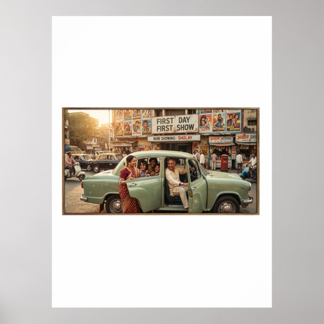 Nostalgic 1970s India: Ambassador Car Poster (Front)