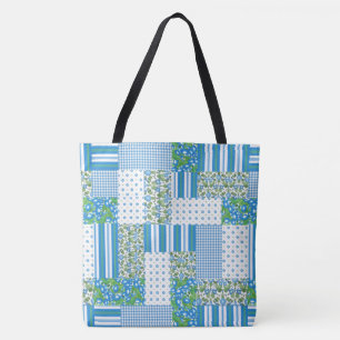 Nostalgic Blue Morning Glory Faux Patchwork Tote Bag