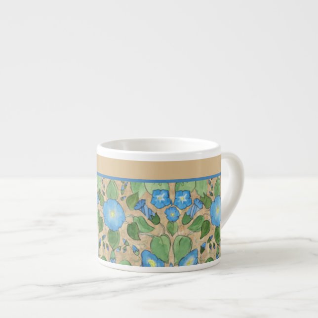 Nostalgic Blue Morning Glory Floral Pattern, Taupe Espresso Cup (Front Right)