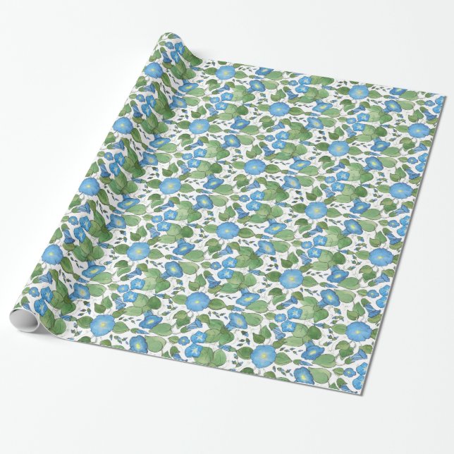 Nostalgic Blue Morning Glory Wrapping Paper (Unrolled)