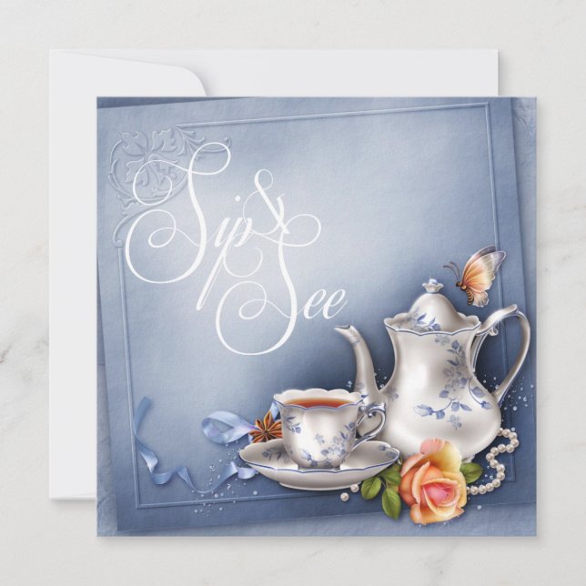 Nostalgic Blue Tea Time Sip and See Baby Shower Invitation (Front)