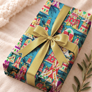 Nostalgic Blue Vintage Christmas Bells Wrapping Paper