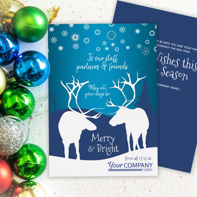 Nostalgic Blue, White Reindeer, Company Logo (teal indigo royal navy blue rustic reindeer antlers snow company holiday Christmas greeting card)