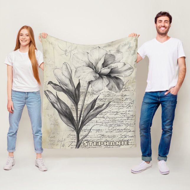 Nostalgic Brown Flower Sketch Antique Paper Fleece Blanket (In Situ)