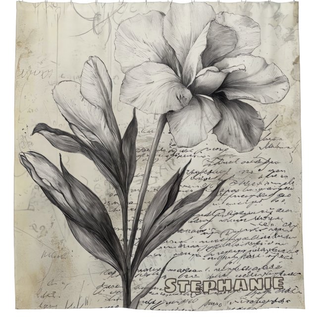 Nostalgic Brown Flower Sketch Antique Paper Shower Curtain (Front)
