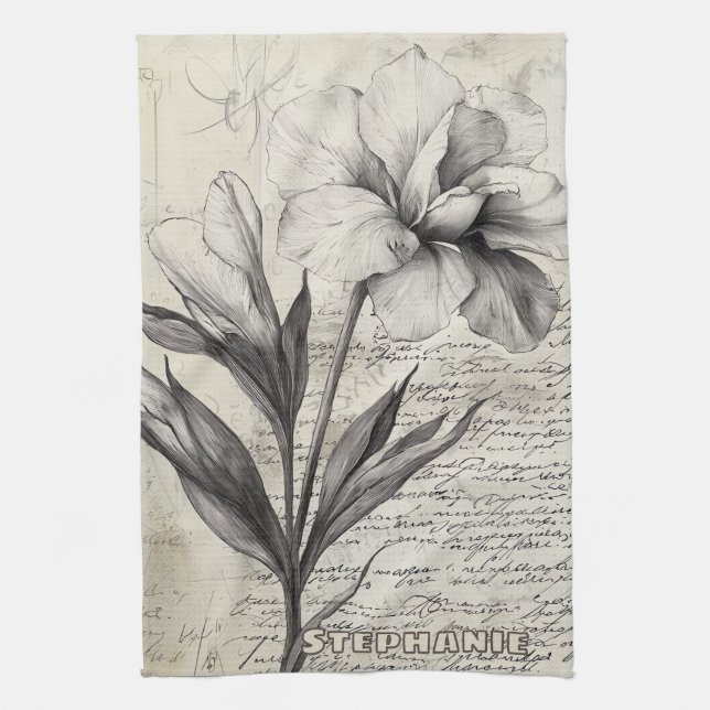 Nostalgic Brown Flower Sketch Antique Paper Tea Towel (Vertical)