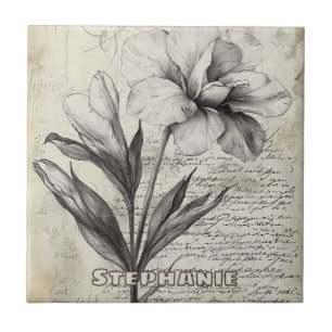 Nostalgic Brown Flower Sketch Antique Paper Tile