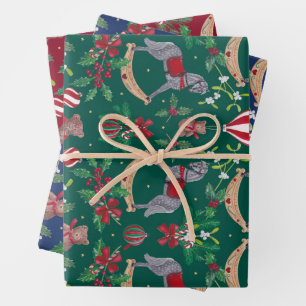 Nostalgic Christmas Rocking Horse Bear Festive Wrapping Paper Sheet