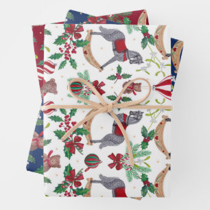 Nostalgic Christmas Rocking Horse Bear Festive Wrapping Paper Sheet
