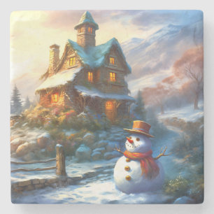Nostalgic Christmas Snowman Vintage Cottage Stone Coaster
