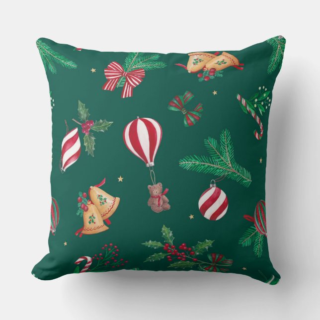 Nostalgic Christmas Teddy Bears Bauble Green Cushion (Front)