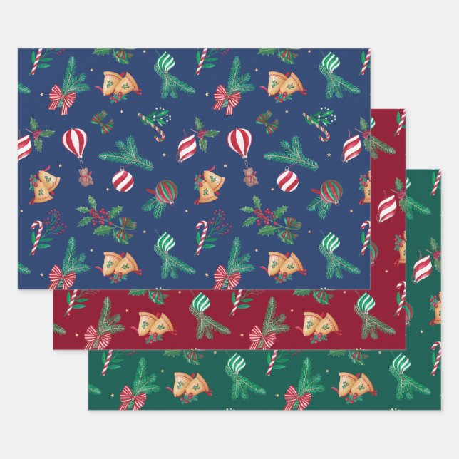 Nostalgic Christmas Teddy Bears Baubles Holly Bows Wrapping Paper Sheet (Set)