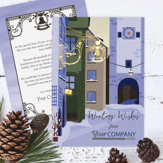 Nostalgic Corporate Logo Blue Gold Christmas (Light Blue Snow Nostalgic Bavarian Company Holiday Greeting Cards Rothenburg, Germany Business Logo)