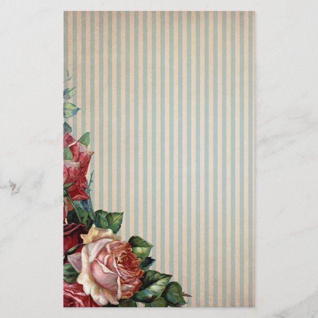 Nostalgic Country Roses and Background Stripes Stationery (Front)