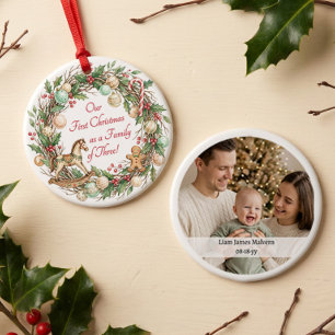 Nostalgic Family of Three First Christmas Photo Ceramic Tree Decoration