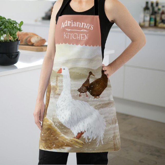 Nostalgic Farm Geese Personalised Mauve Apron (mauve pink kitchen apron with geese, white & brown wild geese, personalized cooking apron with name)