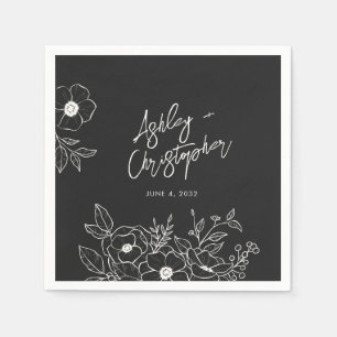 Nostalgic Floral Botanical Black Wedding Cocktail Napkin
