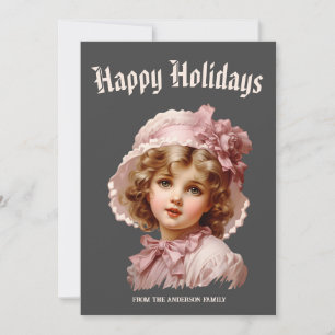 Nostalgic Girl in Pink Holiday Card