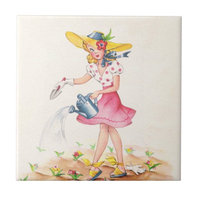 Nostalgic Girl with Watering Can Tile (Front)