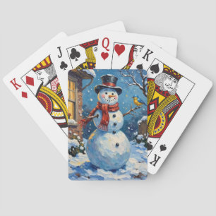 Nostalgic Happy Snowman with Bluebird Winter Scene Playing Cards