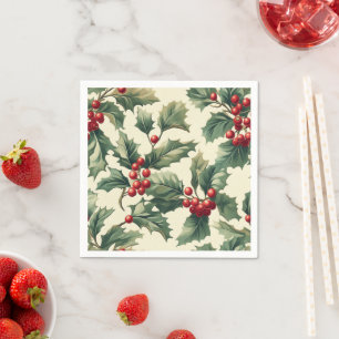 Nostalgic Holiday Holly Berries Pattern Découpage Napkin