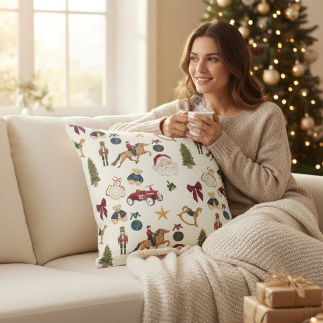 Nostalgic Holiday Toys Watercolor Pattern Beige  Cushion (Creator Uploaded)
