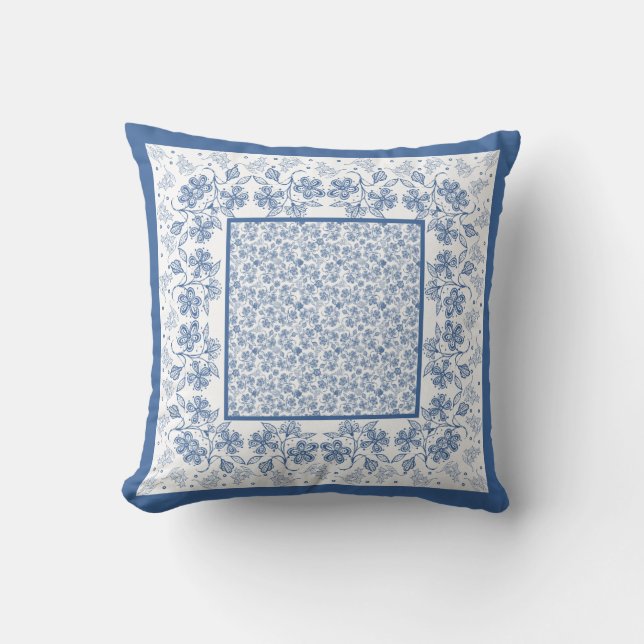 Nostalgic Indigo Blue and White Floral Border Cushion (Front)