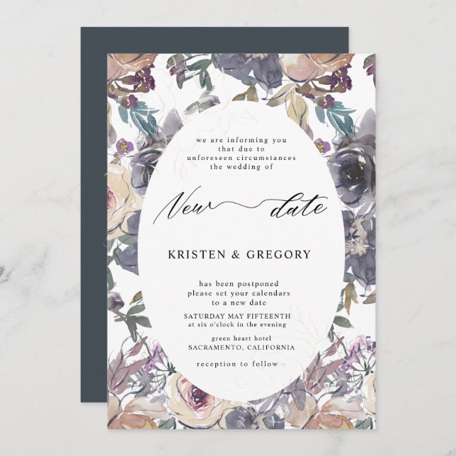 nostalgic indigo blush floral postponed  Wedding Invitation (Front/Back)