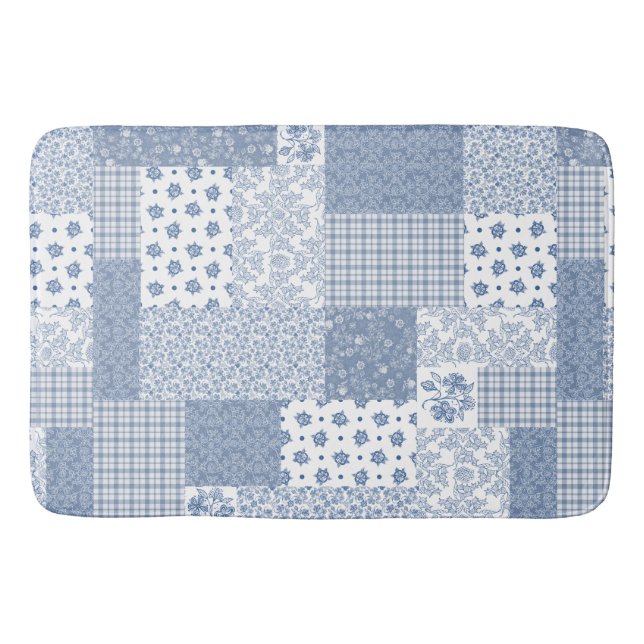 Nostalgic Indigo Faux Patchwork Large Bath Mat (Front)