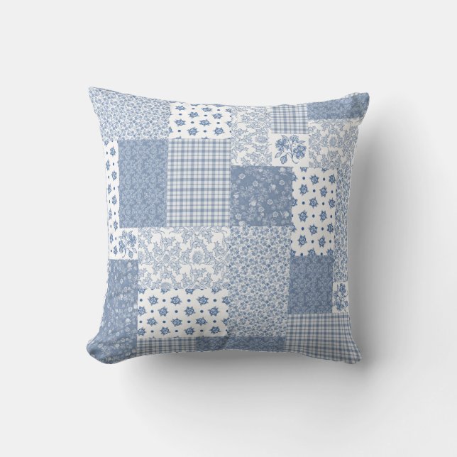 Nostalgic Indigo Faux Patchwork Pillow or Cushion (Front)